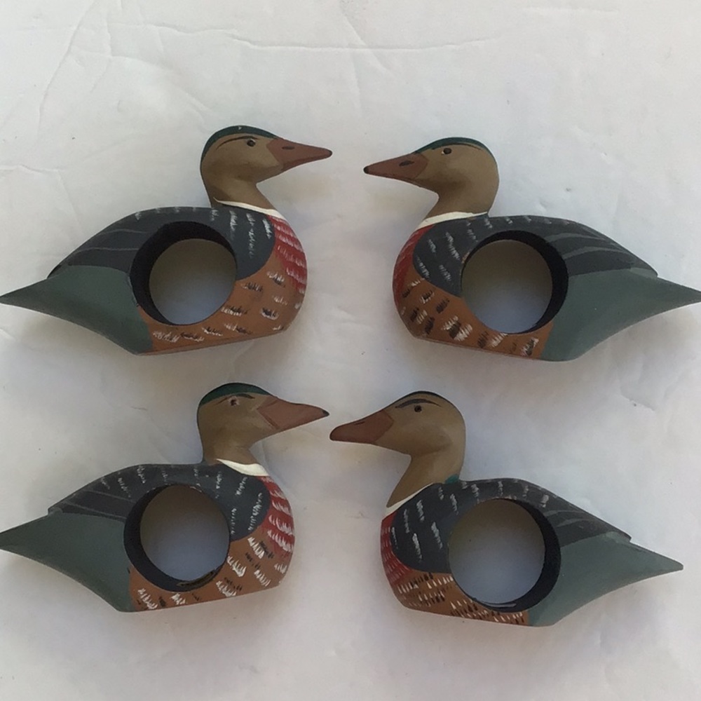 Hand Painted Rustic Primitive Wood Duck Napkin Rings‎ 4 pieces